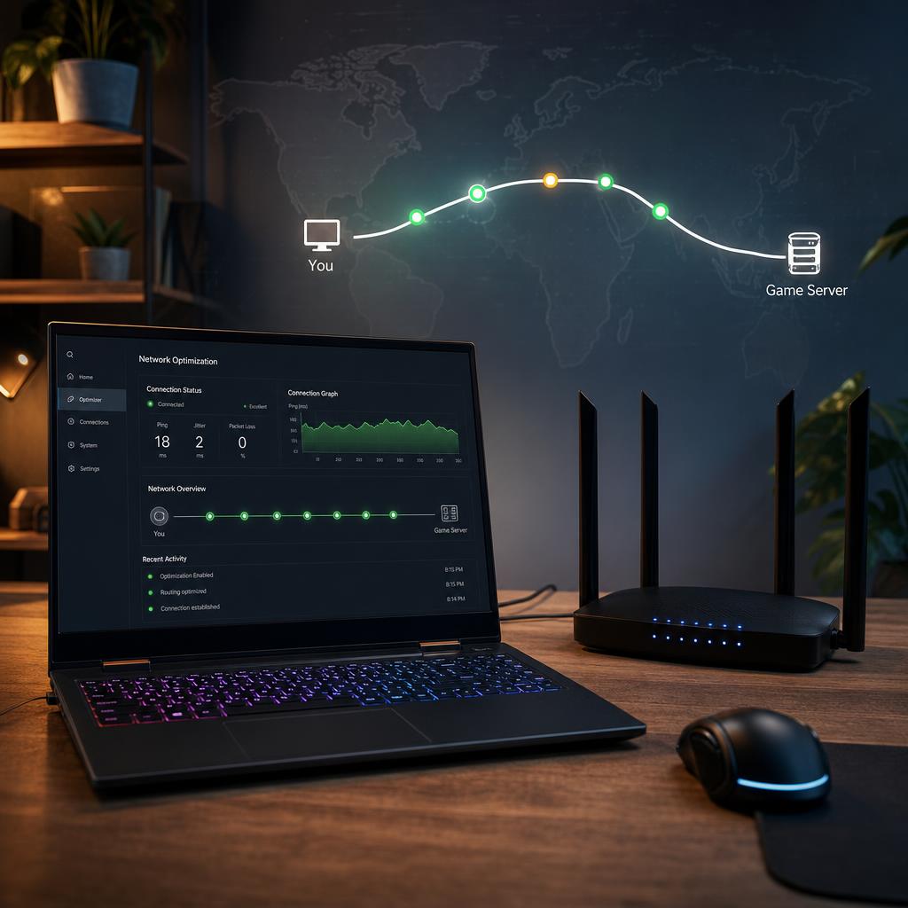 Original photographic GearUP editorial for game network optimization software for reducing routing-related latency and packet loss
