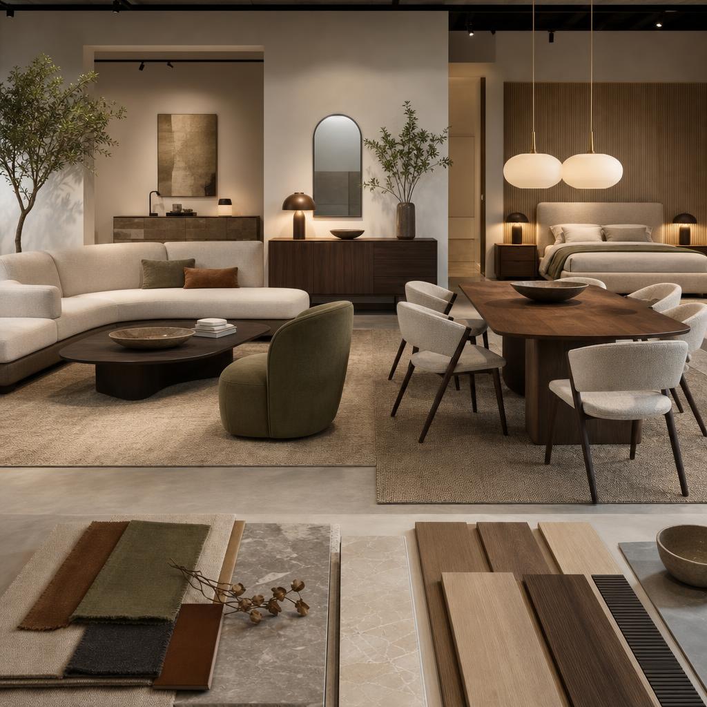 Original furniture-showroom editorial with sofa, dining set, sideboard and bed frame