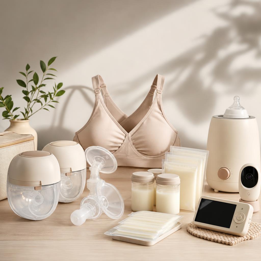Original baby and lactation-equipment editorial with pump parts, milk storage, warmer and monitor