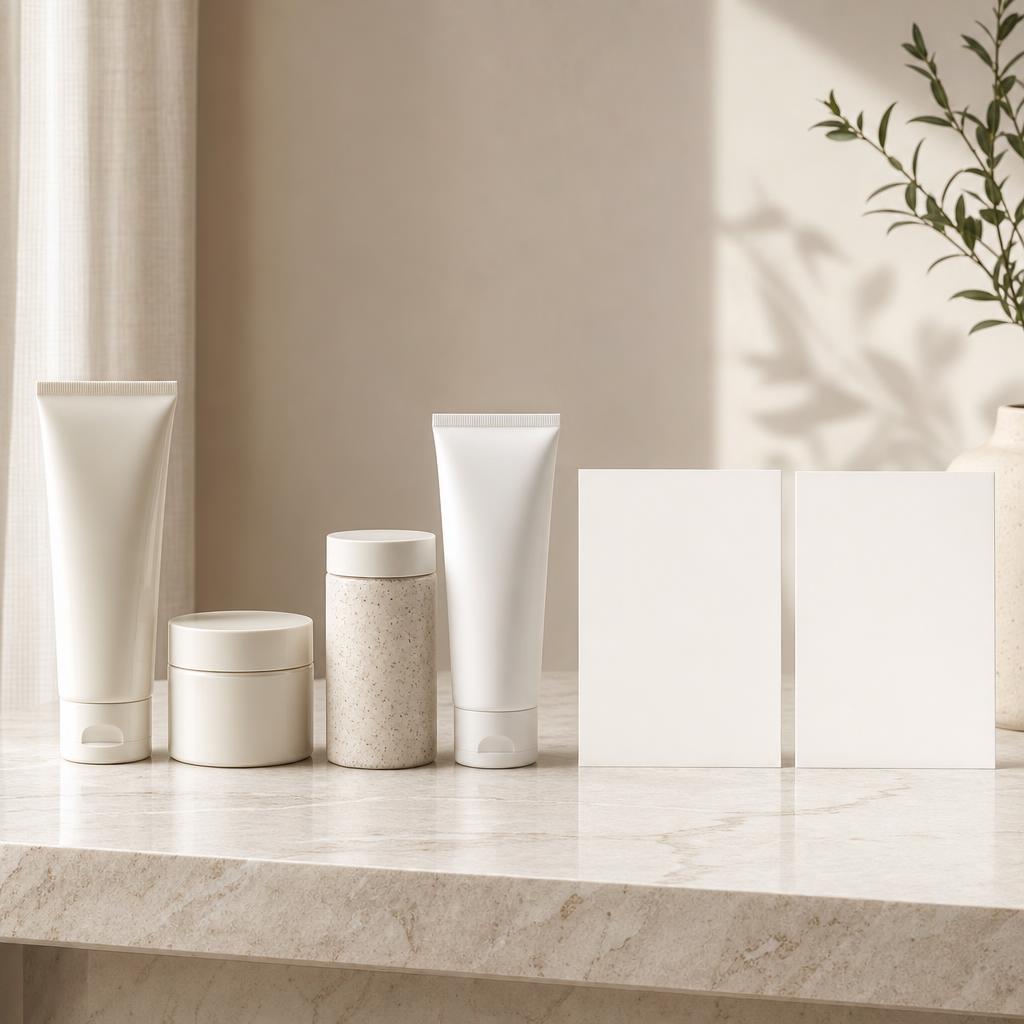 Original conservative beauty-retailer editorial with sealed skincare and blank ingredient cards