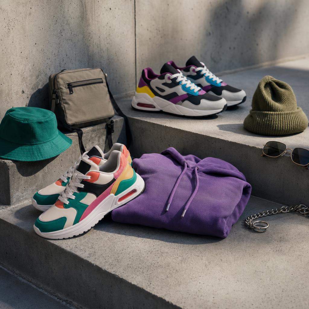 Original streetwear editorial with colourful trainers and folded casual clothing