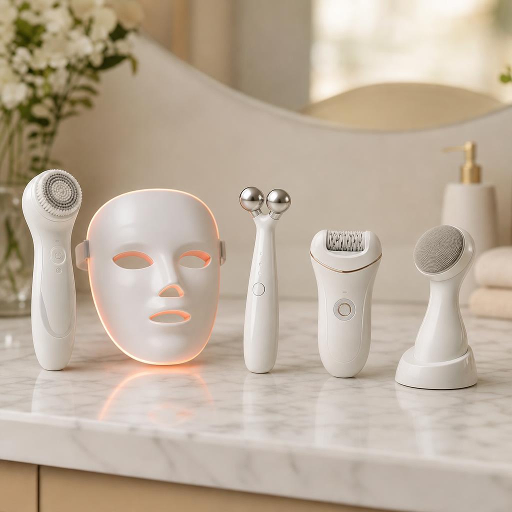 Original beauty-device editorial with cleansing brush, LED mask and generic cosmetic tools