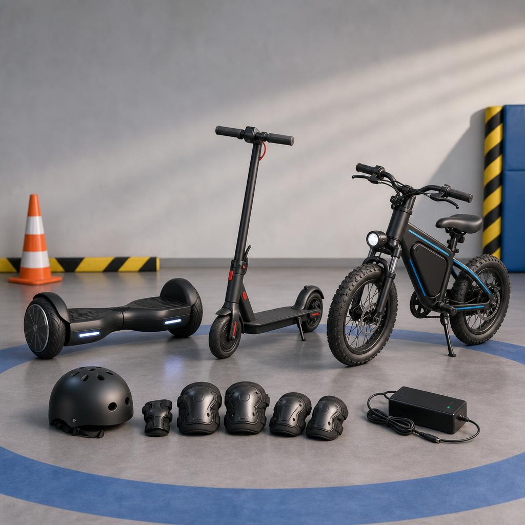 Original electric ride-on editorial with hoverboard, child-size scooter, e-bike, helmet and pads
