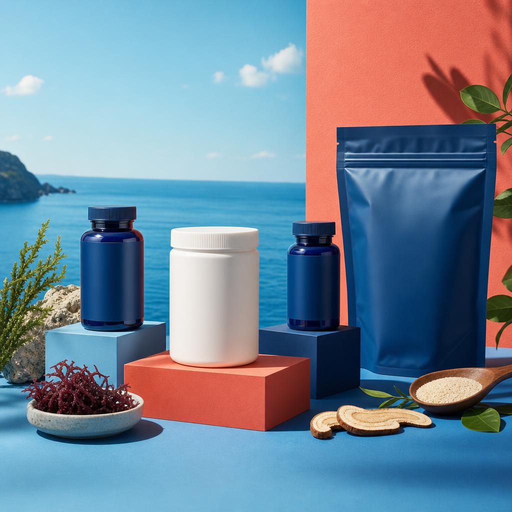 Original clean supplement editorial with sealed bottles and refill pouch on blue and coral blocks