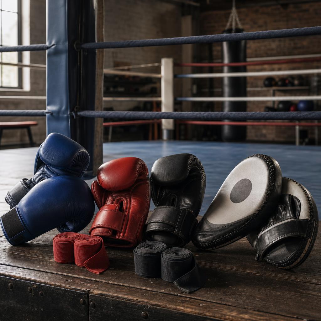 Original sports equipment editorial with boxing gloves, hand wraps and focus mitts