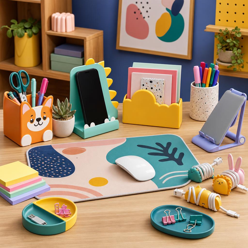 Original novelty-office editorial with organiser, mouse mat, notes and tech accessories