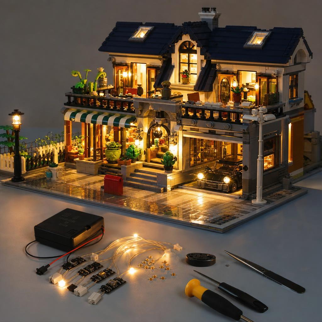 Original photographic Lightailing editorial for LED lighting kits and accessories for compatible construction-brick display models