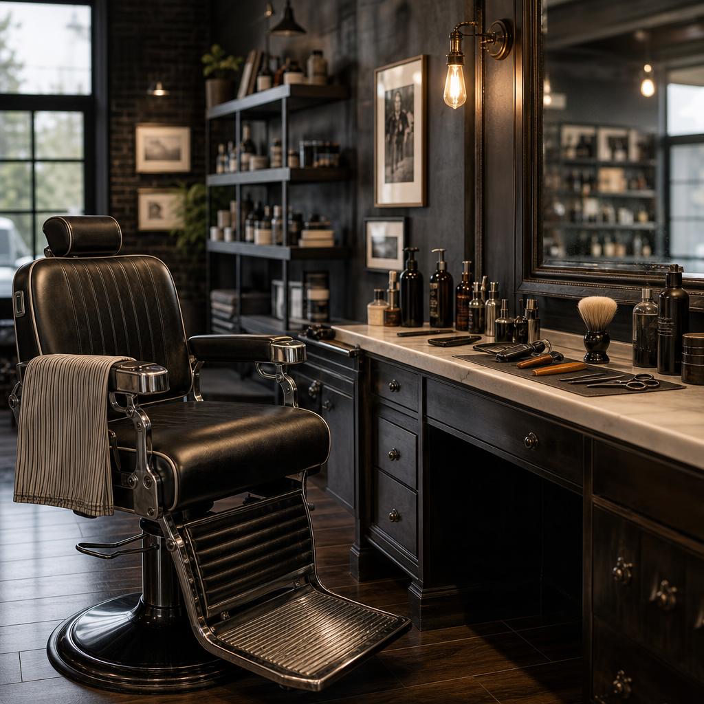 Original premium barbershop editorial with empty chair, mirror and neatly arranged grooming tools