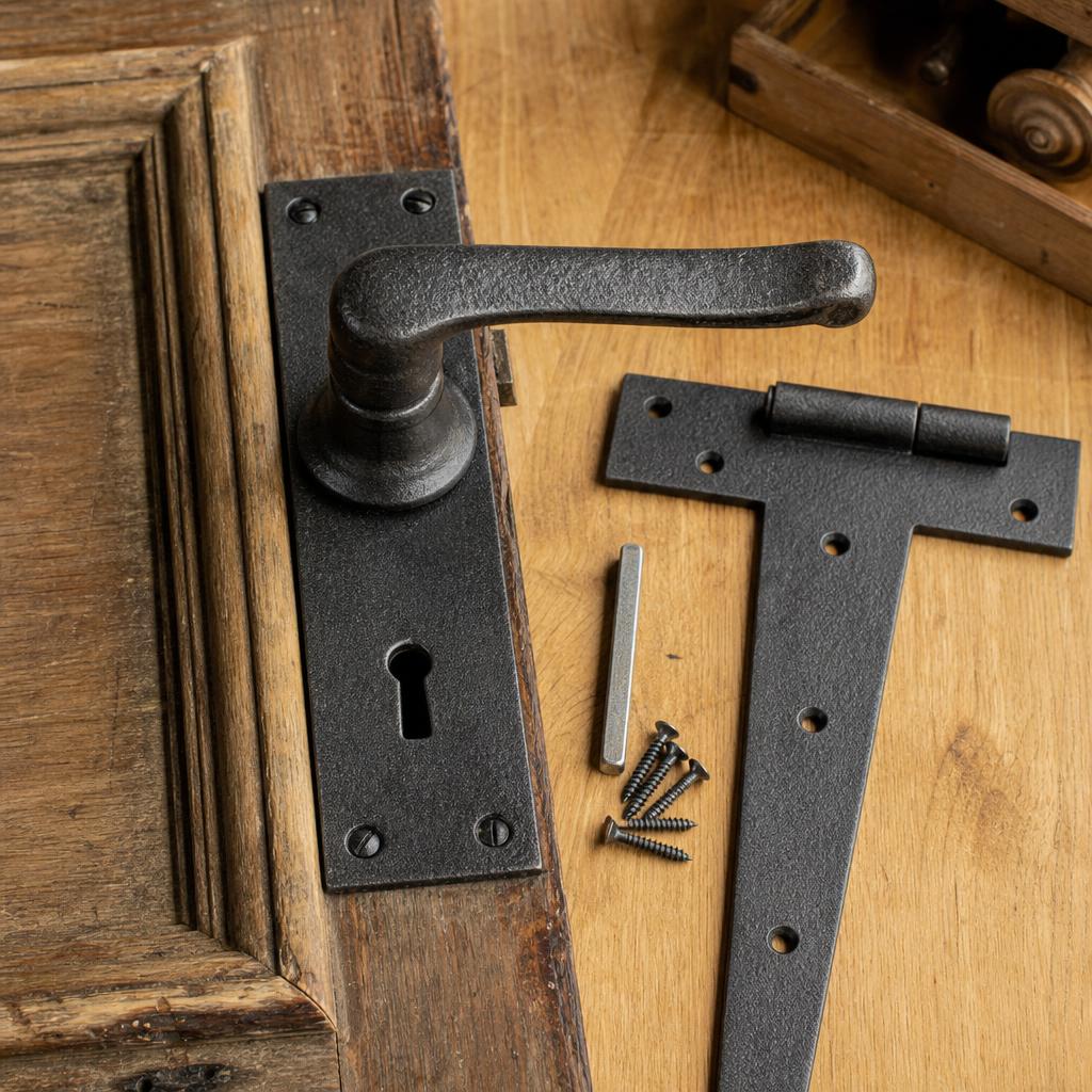 Illustration of period cast-iron door handle and hinge