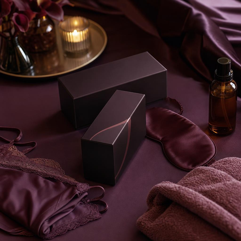 Tasteful original adult wellness editorial with discreet boxes, massage oil, blindfold and folded lingerie