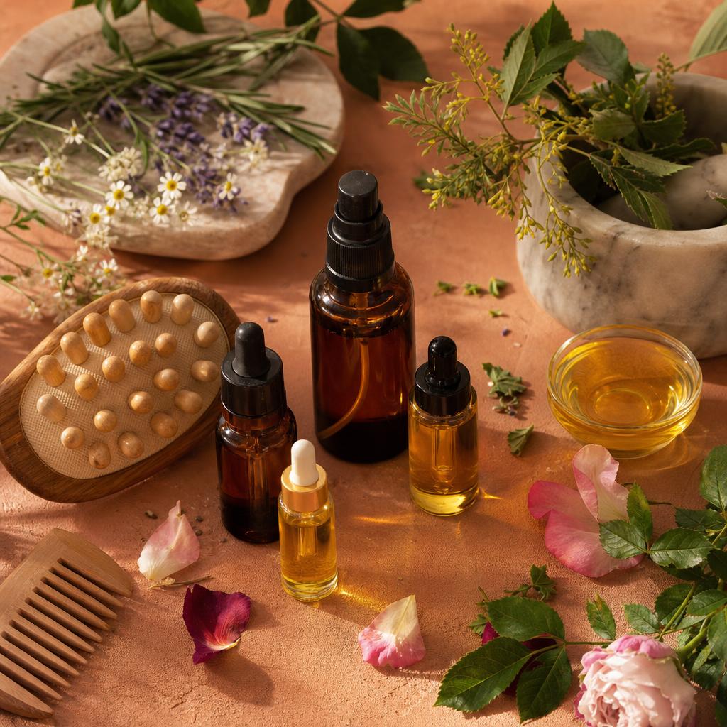 Original botanical skincare image of face oils, hair oil, herbs and a wooden massage tool