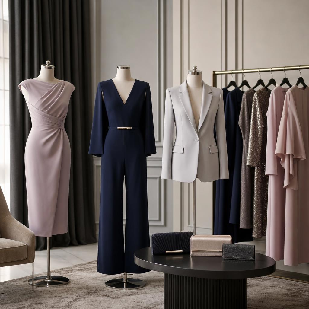 Original occasionwear editorial with tailored dress, jumpsuit, blazer and clutch