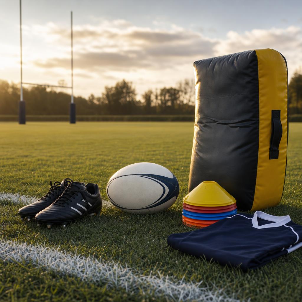 Original rugby equipment editorial with ball, boots, cones, shield and jersey