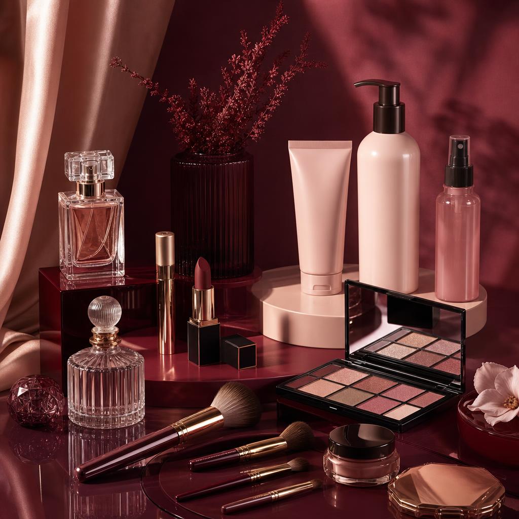 Original beauty retail flat lay with perfume, makeup and haircare products