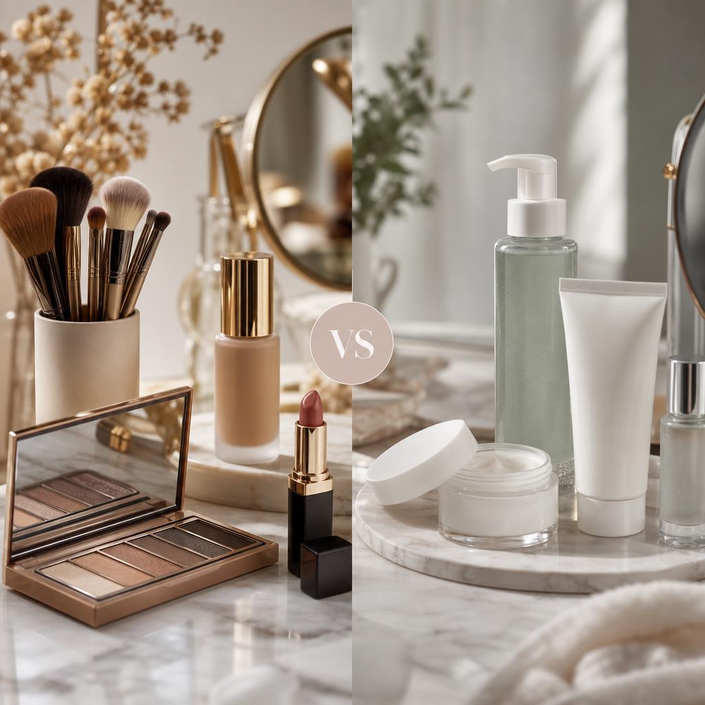 Original cosmetics editorial with brushes, palette, lipstick, foundation and skincare