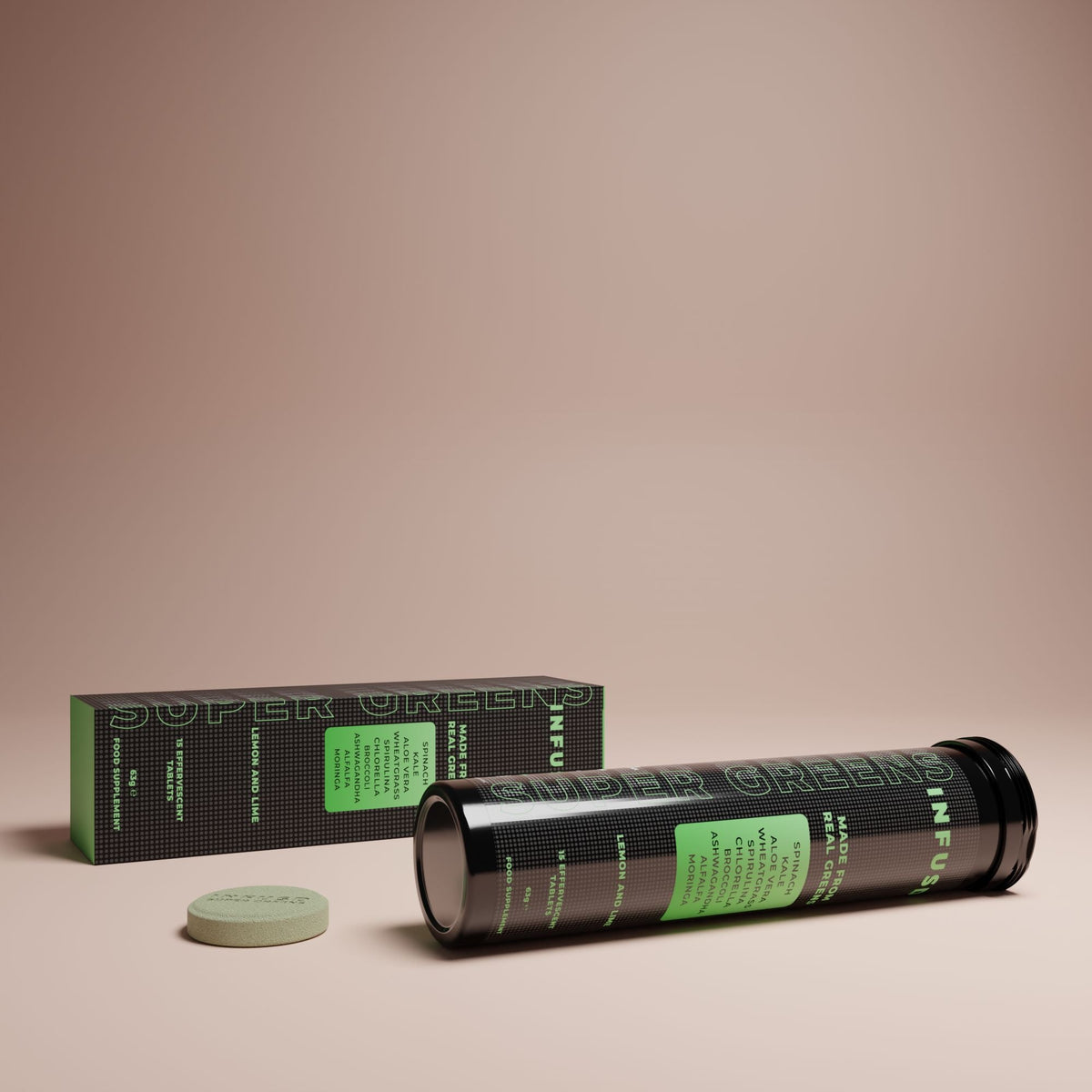 Infusd Super Greens tablet tube and box displayed on a muted beige background