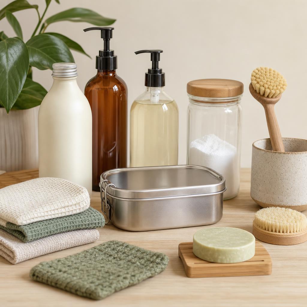 Original reusable-products editorial with refill bottle, cloths, lunch box, shampoo bar, brush and jar