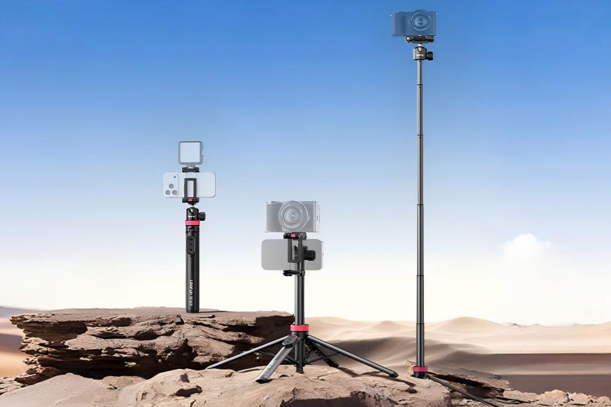 Ulanzi tripods, selfie sticks, and extension poles set up in a desert landscape