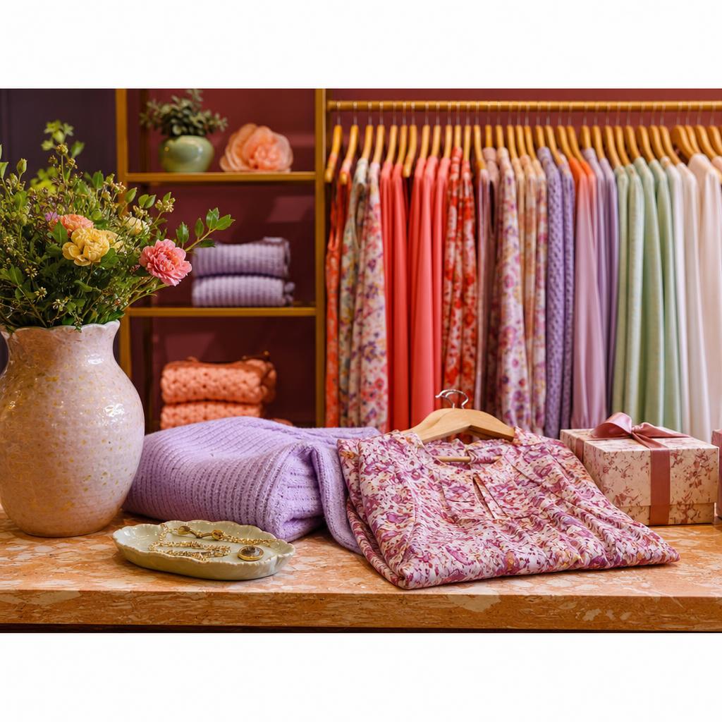 Original boutique editorial with women’s clothing, jewellery, homeware and a gift box