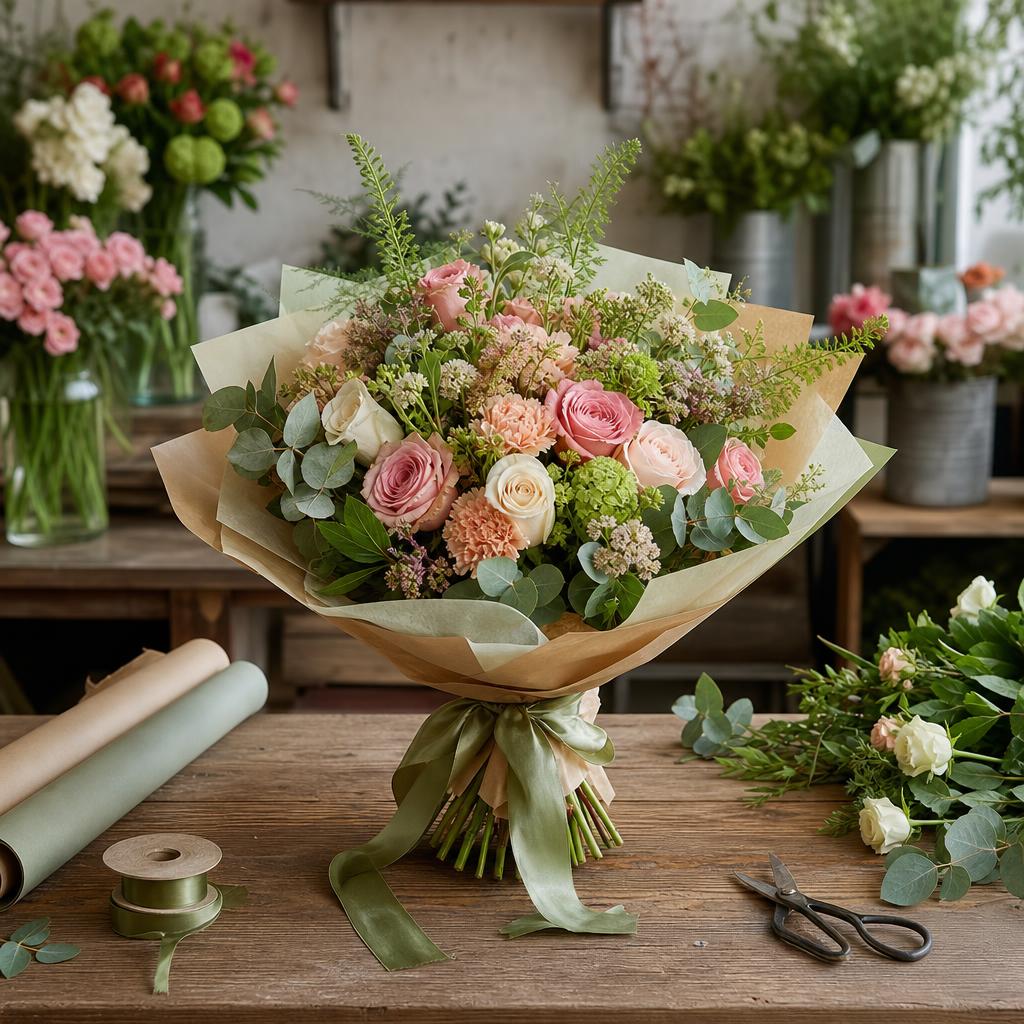 Original florist studio editorial with a fresh bouquet, wrapping paper and ribbon