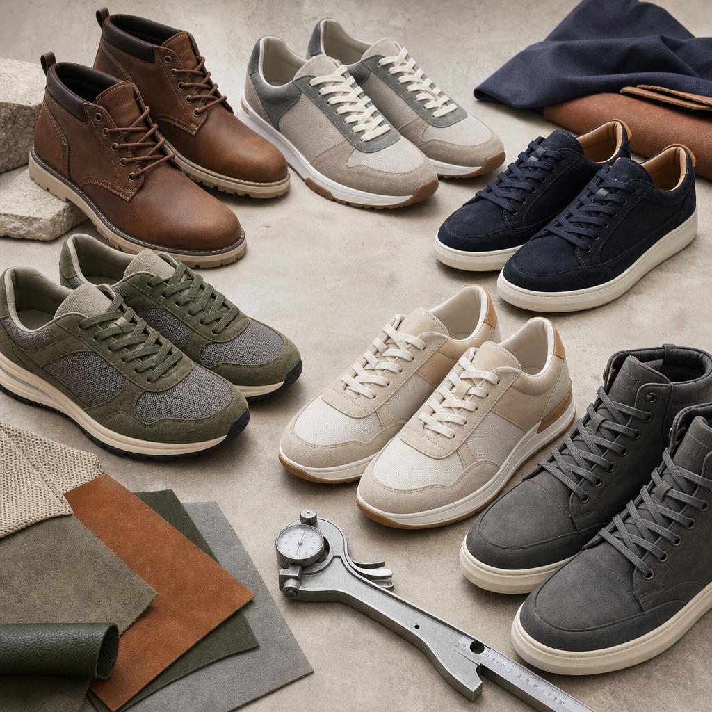 Original casual-footwear editorial with trainers, boots, measuring gauge and swatches