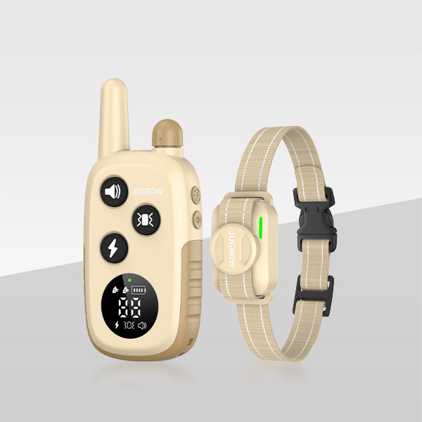 Beige JUGBOW remote dog-training collar with matching handheld controller