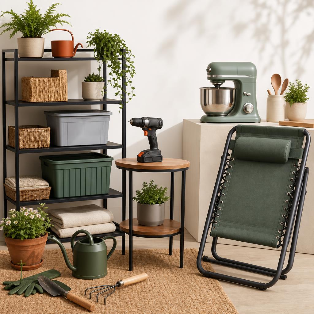 Original home and garden editorial with ordinary tools, storage, furniture, kitchen and outdoor products
