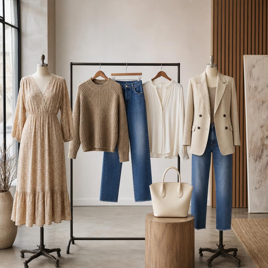 Original women’s fashion editorial with dress, knitwear, jeans, blouse and handbag