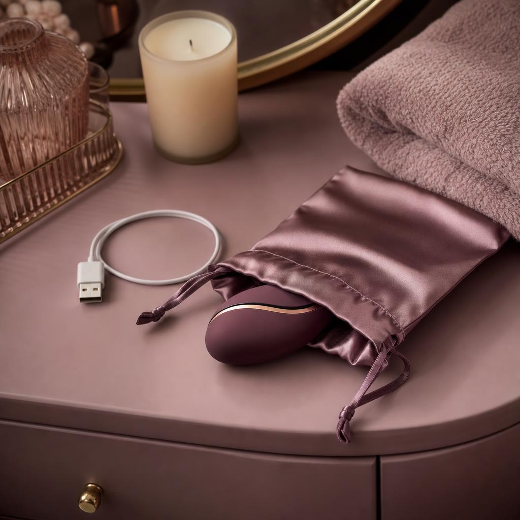 Original discreet non-explicit adult wellness editorial with a satin pouch and abstract personal device
