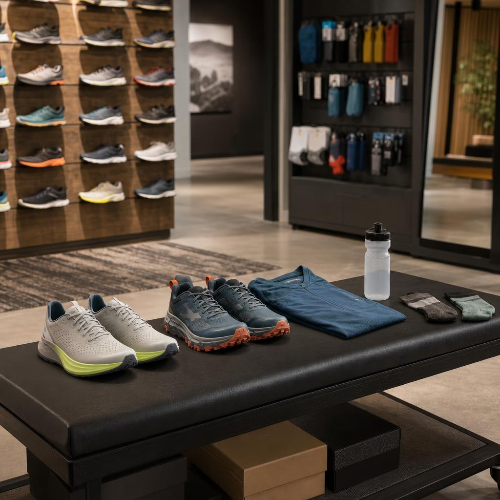 Original specialist running retail editorial with road and trail shoes, technical top and bottle