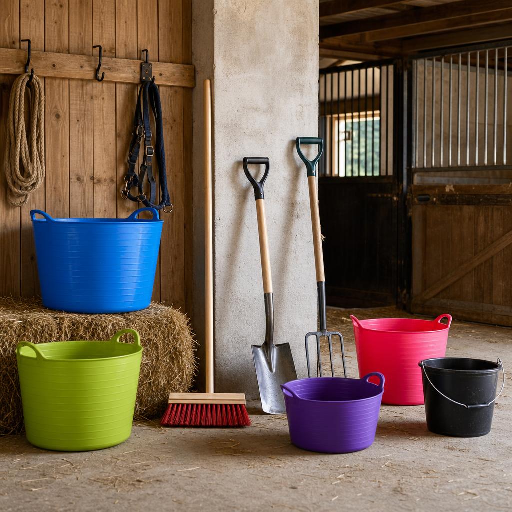 Original utility tools editorial with heavy-duty tubs, broom, shovel, bucket and garden fork