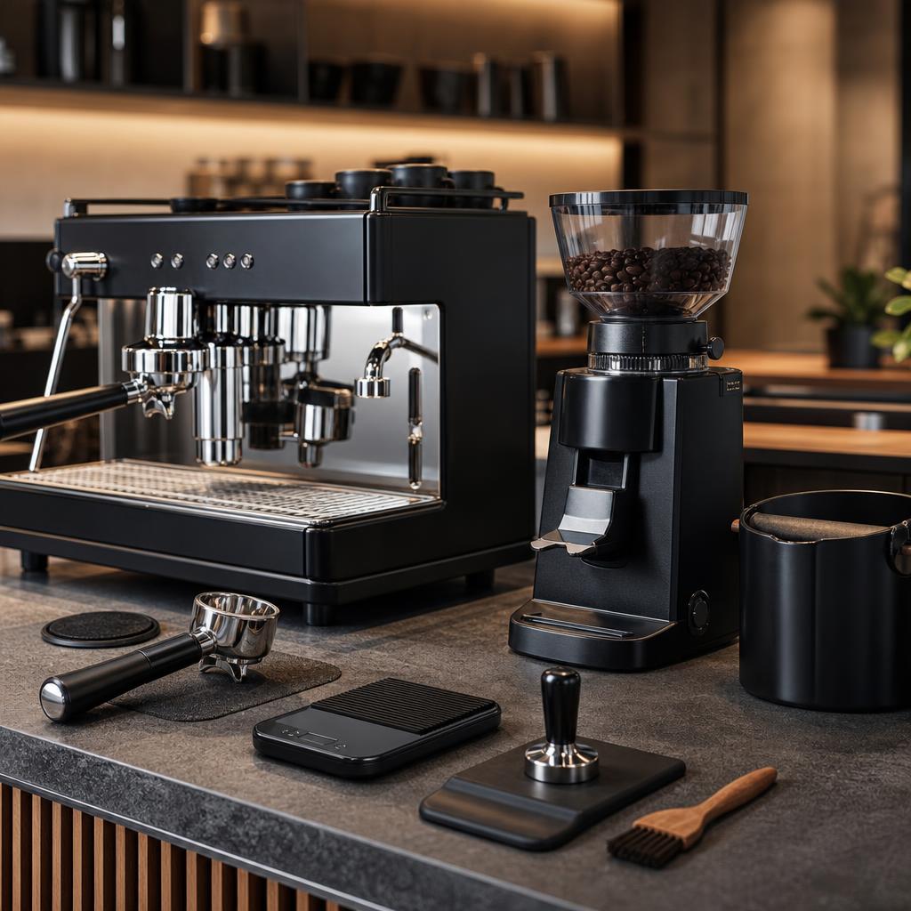 Original espresso-equipment editorial with machine, grinder, portafilter, scale and cleaning tools