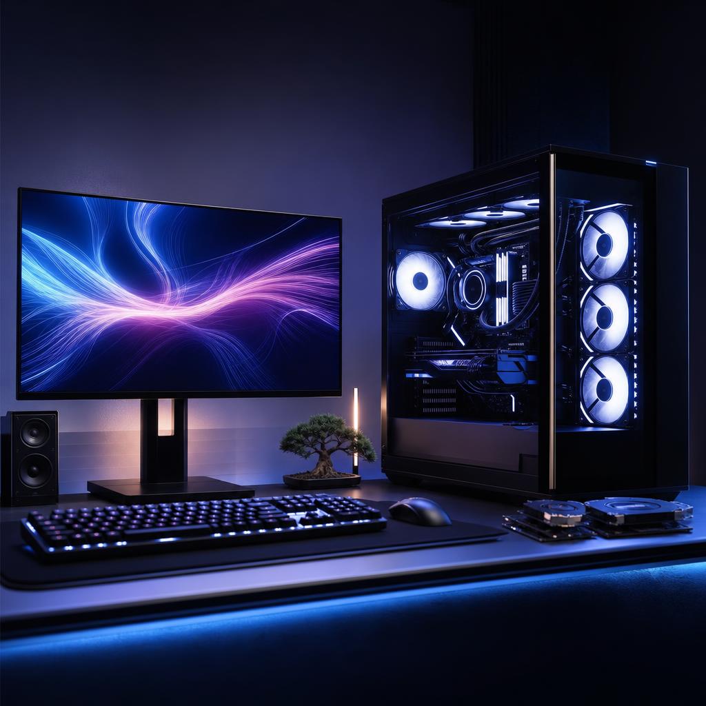 Original editorial image of a custom gaming desktop, monitor and components on a clean desk