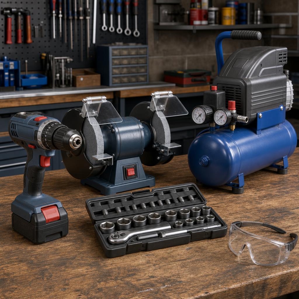 Original lawful-tools editorial with drill, grinder, sockets, compressor and protective goggles