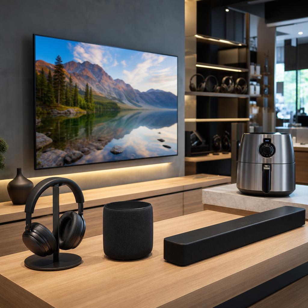 Original consumer-electronics editorial with television, soundbar, headphones and appliance