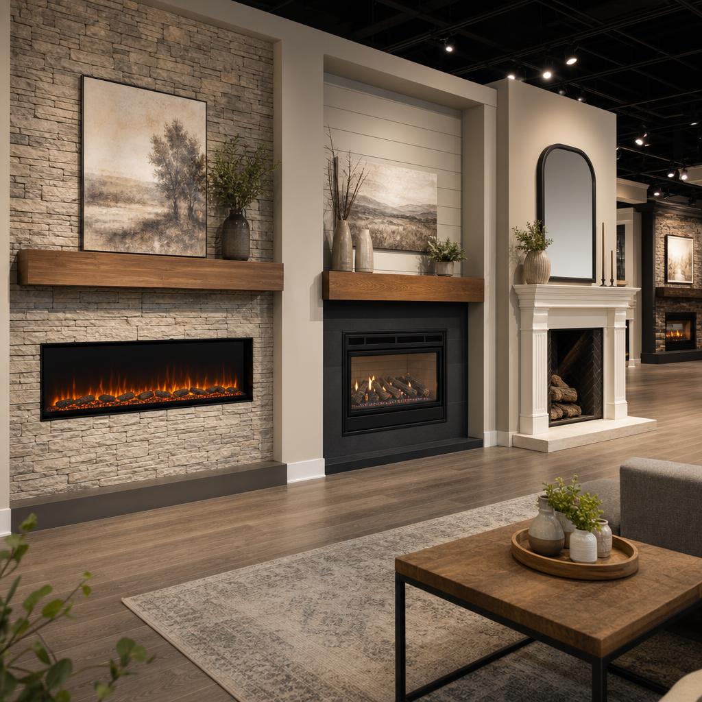 Original home interior editorial showing fireplace and mantel options in a tasteful showroom