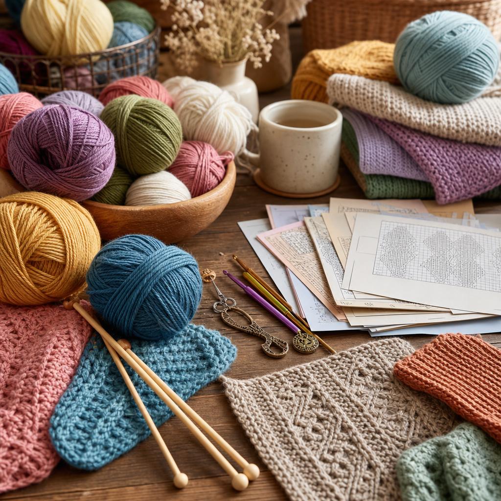 Original craft editorial with colourful yarn, needles, crochet hooks and knitted swatches