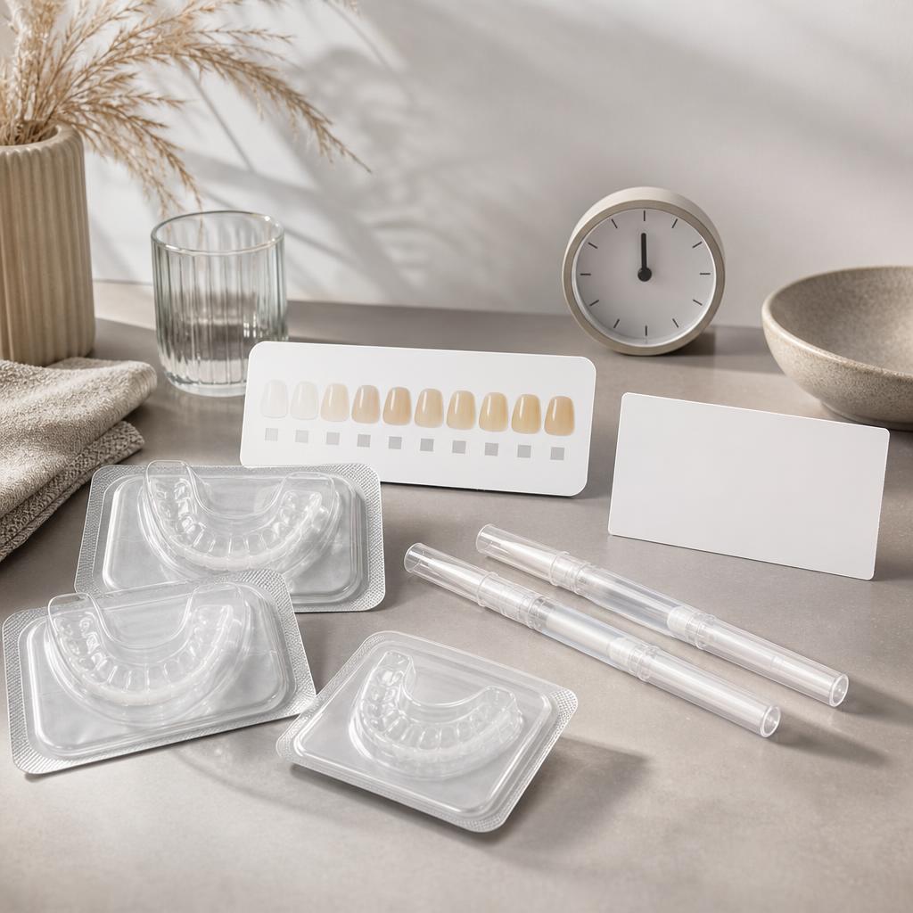 Original conservative German-market tooth-whitening editorial with sealed products and safety card