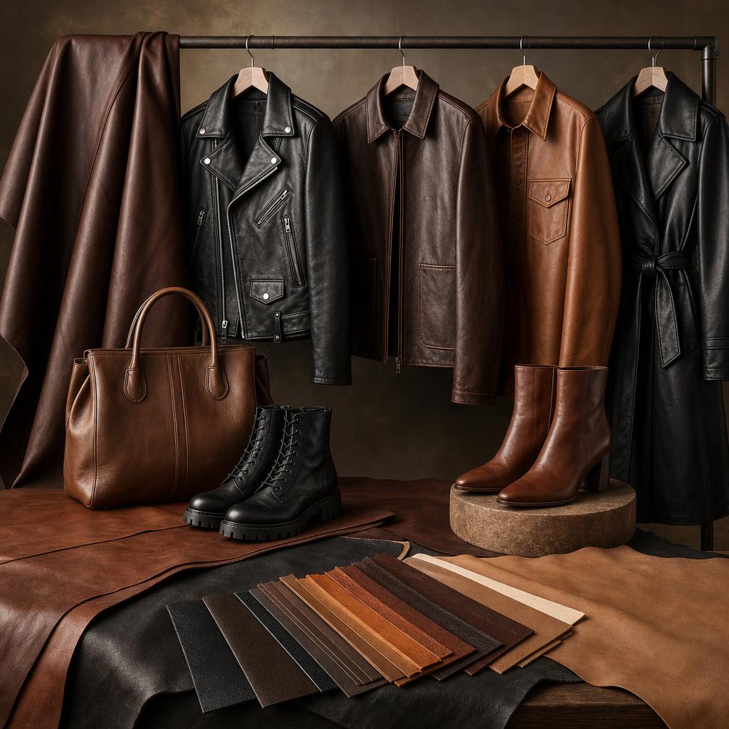Original leather-fashion editorial with jackets, coat, handbag, boots and material swatches