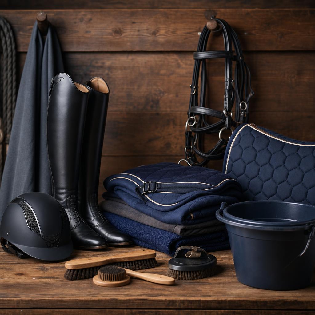 Original equestrian editorial with helmet, boots, horse rug, bridle, saddle pad and grooming tools