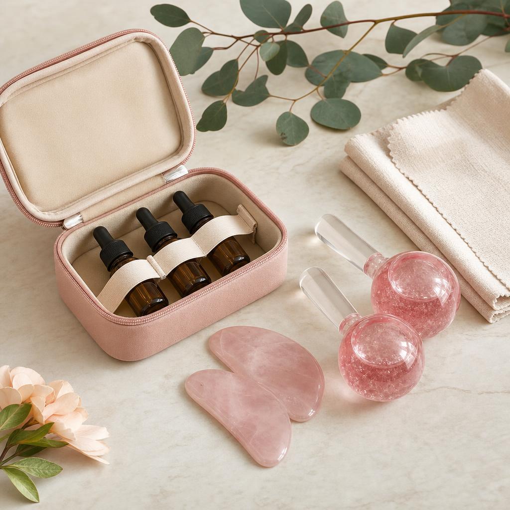 Original photographic Hana Emi US editorial for US gua sha, massage, facial cooling and essential-oil storage accessories