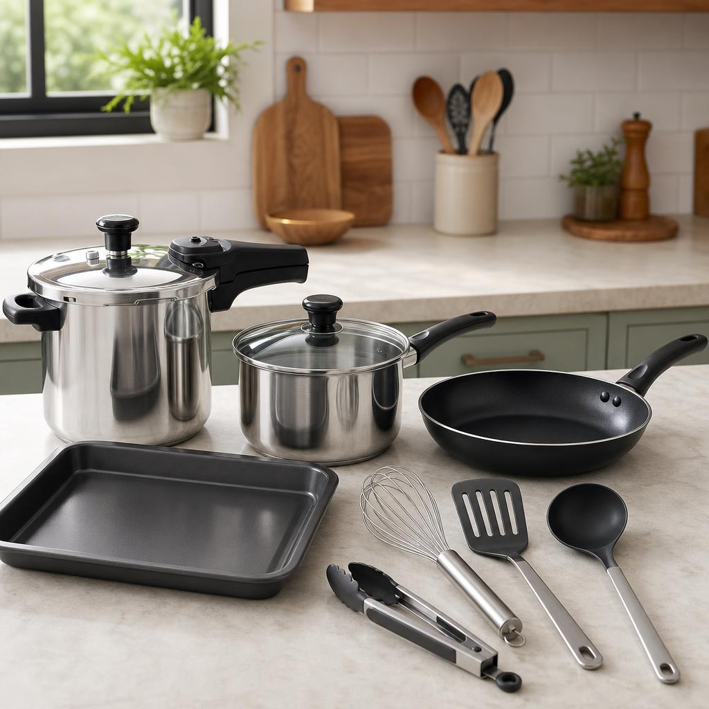 Original cookware editorial with pressure cooker, pans, bakeware and utensils