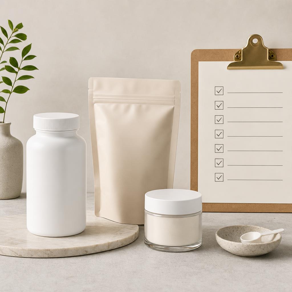 Original conservative wellness editorial with supplements, powder, skincare and blank checklist