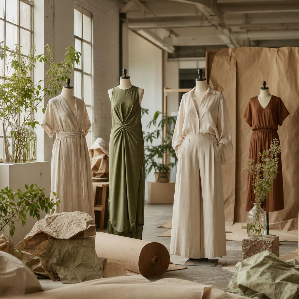 Original editorial image of womenswear among natural textiles in a modern studio
