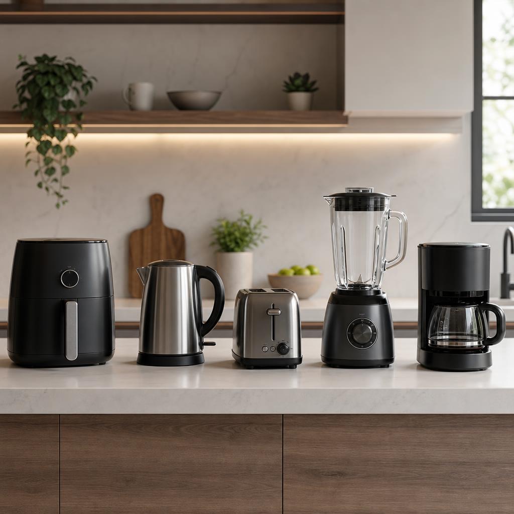 Original small-appliance editorial with air fryer, kettle, toaster, blender and coffee maker