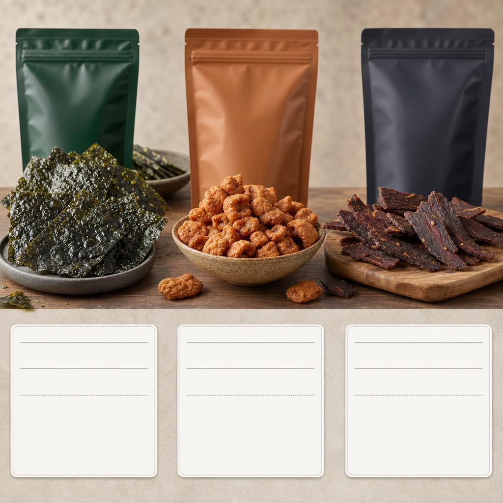 Original Morish Snacks editorial for seaweed snacks, pork crunch and biltong with nutrition-led positioning