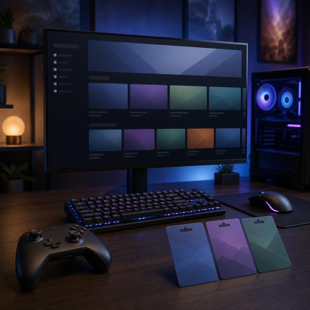 Original lawful digital-game editorial with generic cards, controller, keyboard and abstract storefront
