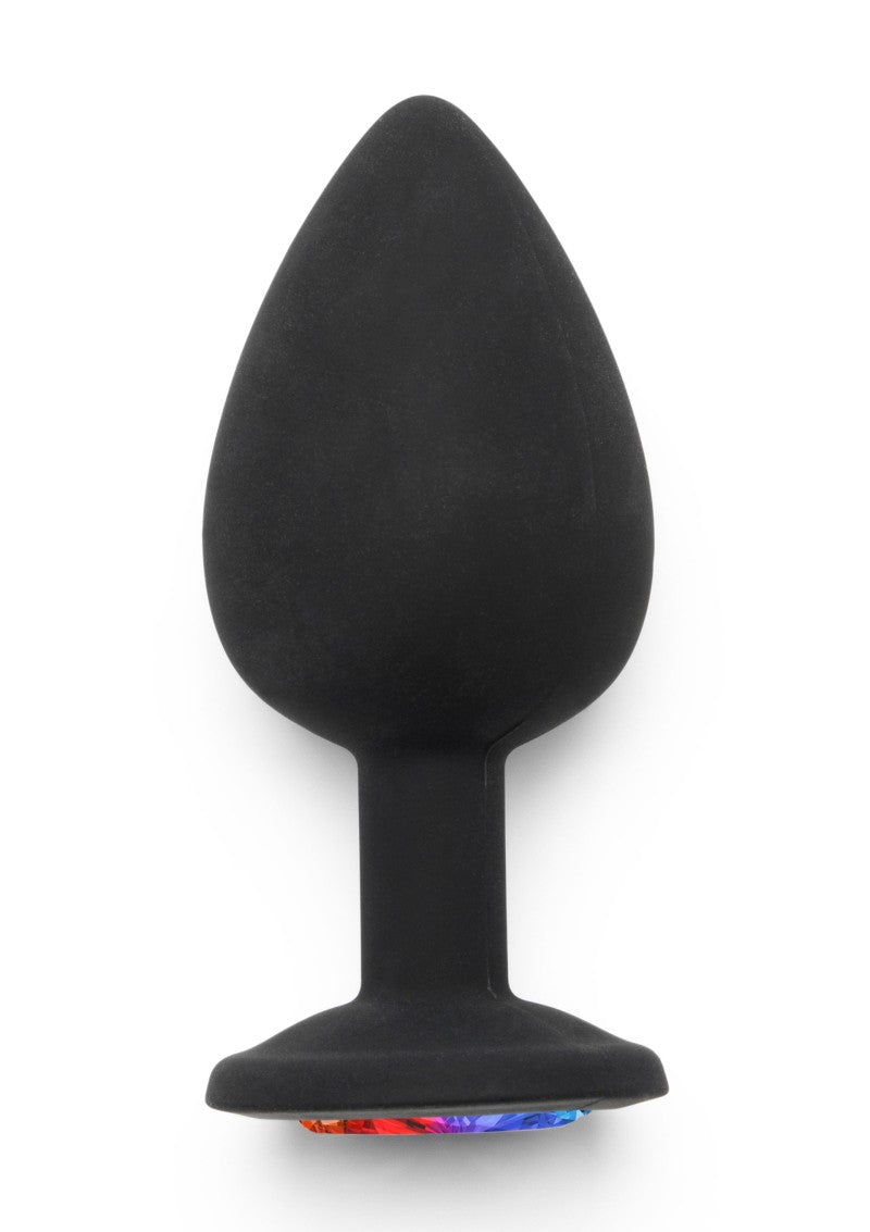 Black teardrop-shaped adult toy photographed upright on a white background