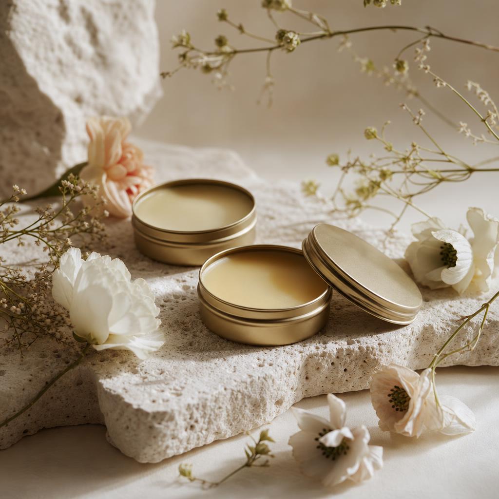 Original fragrance editorial of elegant solid perfume tins and delicate flowers on cream stone
