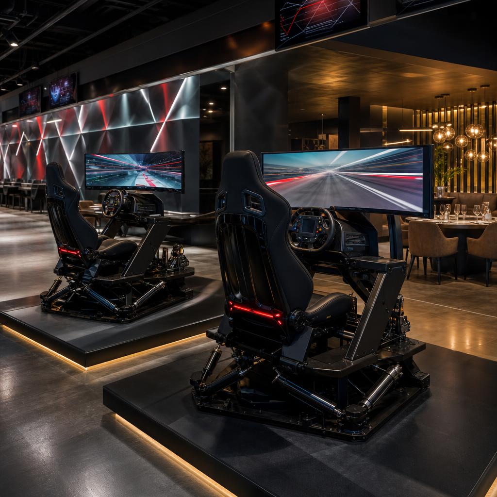 Original racing-simulator venue editorial with generic motion rigs and abstract timing screens